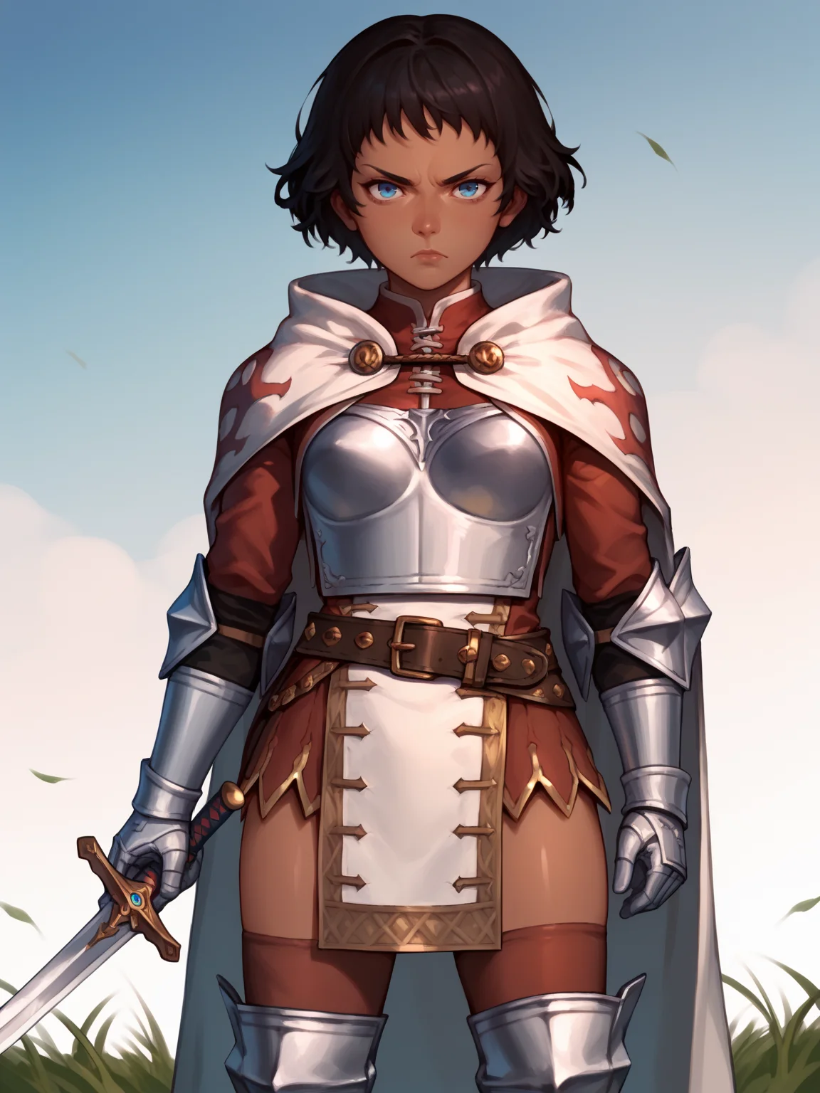 (score_9:1.3), (score_8_up:1.3), (score_7_up:1.3), source_anime, BREAK,
1girl, mercemarten holding a sword, black hair, short hair, blue eyes, dark skin, rmor, cape, belt, breastplate, greaves, pelvic curtain, scabbard, shoulder armor, thighhighs,
serious, looking at viewer, solo, grass, blue sky, meadow background, , [refraction|caustics|rim lights|backlighting|bloom]    <lora:MercedesMartenXL:1>