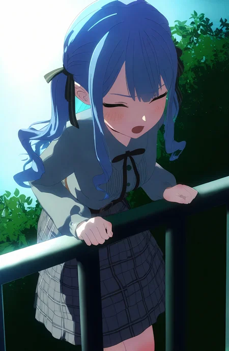 hoshimachi_suisei, 1girl, solo, long_hair, blush, open_mouth, shirt, skirt, long_sleeves, ribbon, twintails, blue_hair, closed_eyes, hair_ribbon, virtual_youtuber, plaid, black_ribbon, leaning_forward, plaid_skirt, railing