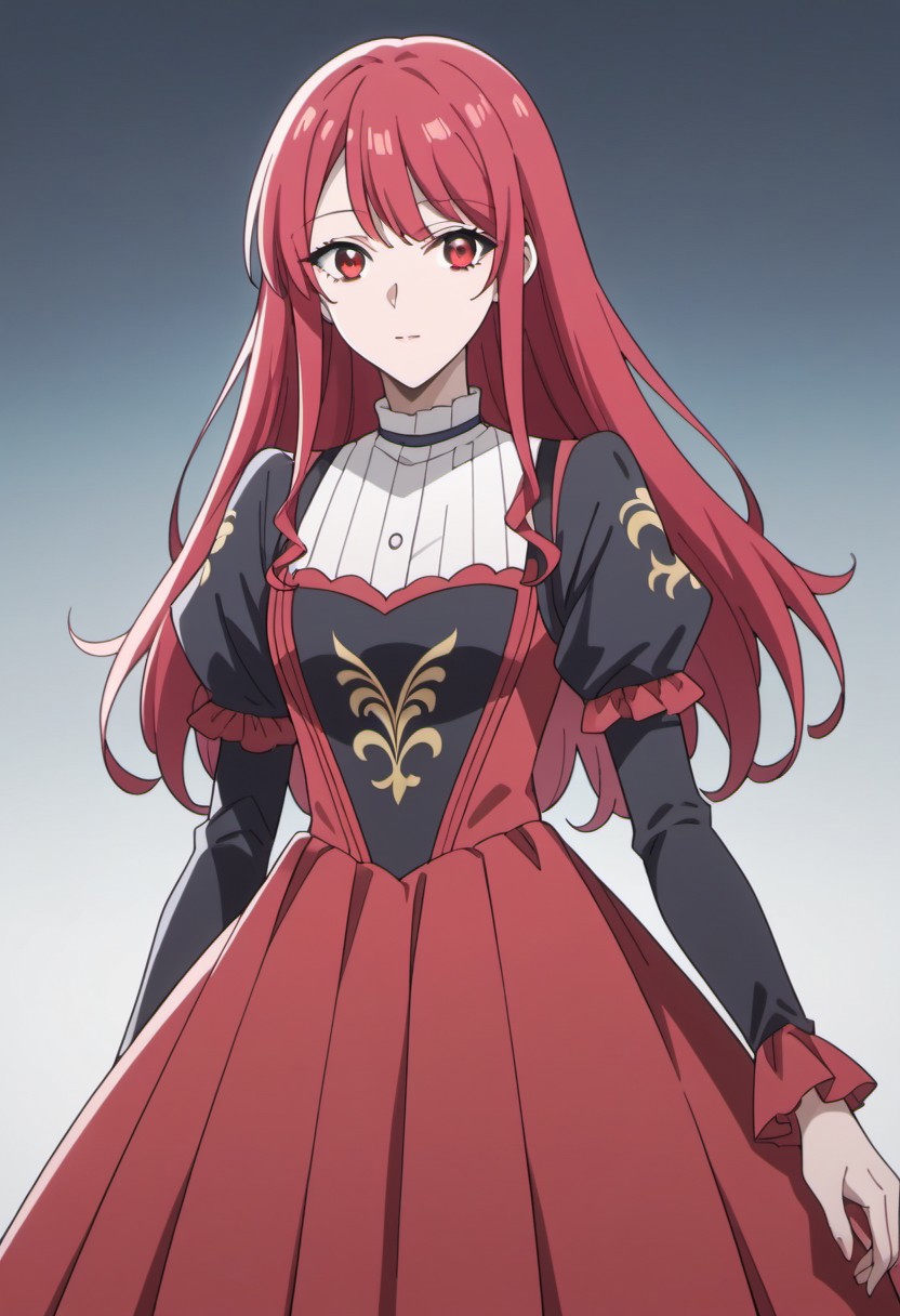 score_9, score_8_up, score_7_up, source_anime, leeler sophia, red hair, red eyes, long hair, 1girl, solo, anime coloring, looking at viewer, dress