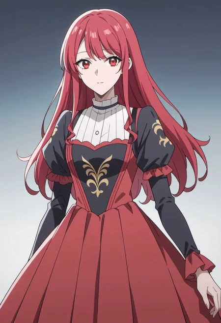 score_9, score_8_up, score_7_up, source_anime, leeler sophia, red hair, red eyes, long hair, 1girl, solo, anime coloring, looking at viewer, dress