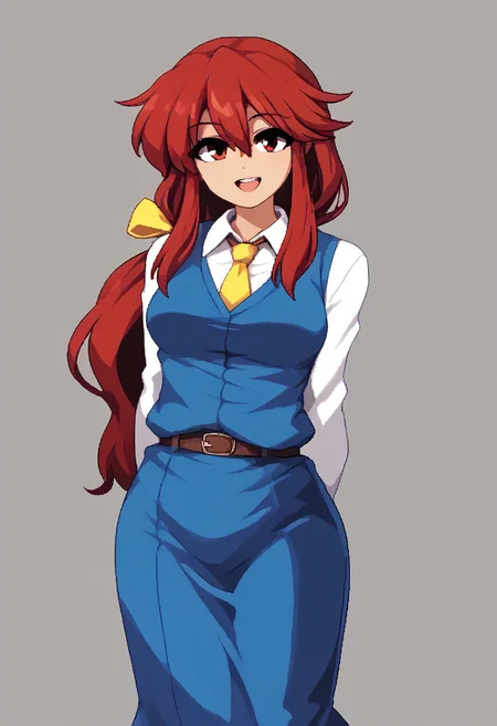 score_9, score_7_up, source_anime, source_cartoon, source_explicit, BREAK, colorful, aesthetic, illustration, kotohime (touhou), long hair, red hair, red eyebrows, hair between eyes, bangs, sidelocks, low-tied long hair, tied hair, low ponytail, hair ribbon, yellow ribbon, red eyes, breasts, white shirt, collared shirt, long sleeves, yellow necktie, blue vest, brown belt, blue skirt, hands behind back, open mouth, smile, teeth, simple background, looking at viewer, facing viewer, standing in front of viewer, standing