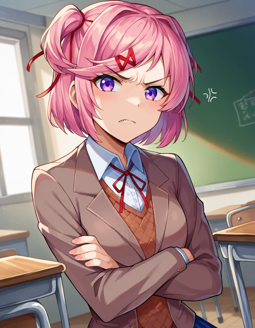 score_9, score_8_up, score_7_up, source_anime,
ddlcnatsuki, <lora:ddlc-natsuki-ponyxl-lora-nochekaiser:1>
ddlcnatsuki, fang, hair ornament, pink hair, purple eyes, short hair, short sidetail, swept bangs, x hair ornament,
blazer, blue skirt, brown jacket, collared shirt, jacket, long sleeves, miniskirt, neck ribbon, pleated skirt, red ribbon, ribbon, school uniform, shirt, skirt, swept bangs, vest, white shirt, wing collar, x hair ornament,
indoors, classroom, sitting, crossed arms, desk, chair, angry, anger vein,
looking at viewer, dutch angle, cowboy shot,