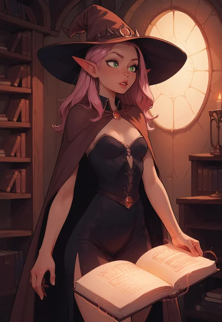 safe_pos, safe_pos, score_9, score_8_up, score_8, 1 elf girl, solo, leu_hanna_1, sexy witch girl, perfect face, thick eyeliner, small breasts, long pink hair, green eyes, witch outfit, witch hat, indoors, library, cowboy shot, (casting magic spell), holding book, magic aura, glowing particles, dynamic pose, detailed background, dynamic angle, volumetric lighting, cinematic lighting, jack o lantern in background
