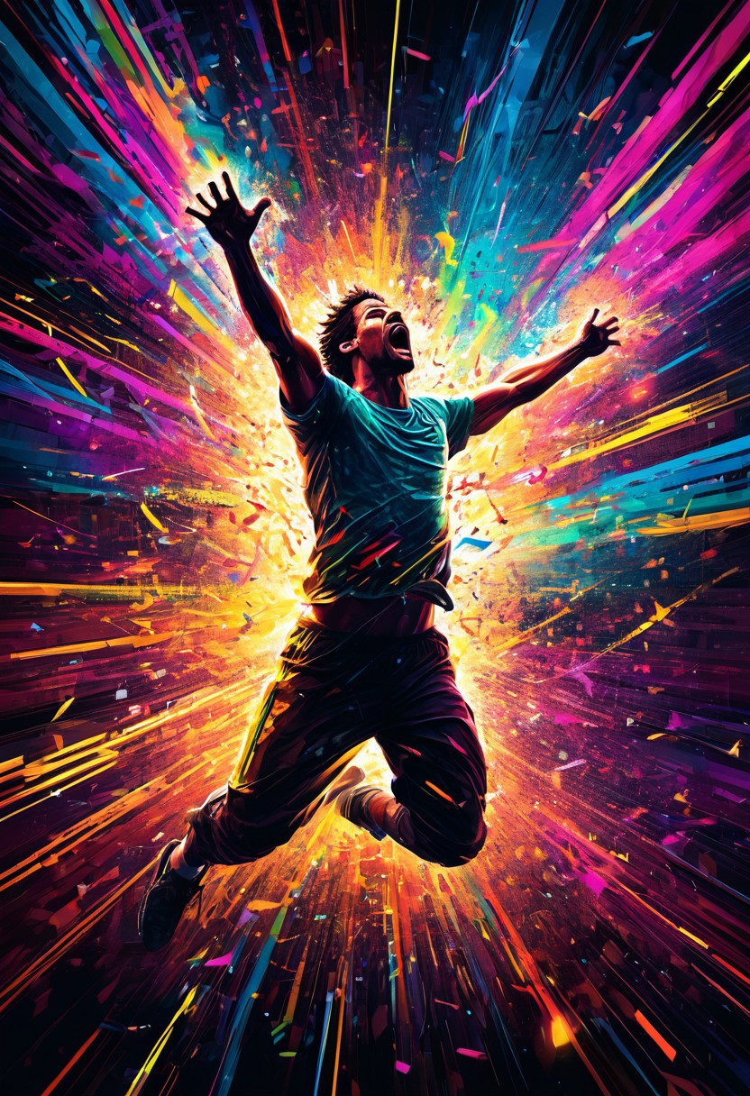 A player is liberated from a digital system, their words breaking free in stuttered excitement, proclaiming their newfound freedom. The cinematic image depicts a figure breaking through digital constraints, exuding a sense of power and release. Vivid colors and sharp lines convey a strong sense of movement and triumph. Every pixel bursts with energy and vibrancy, capturing the viewer's attention and drawing them into the exhilarating moment of liberation.