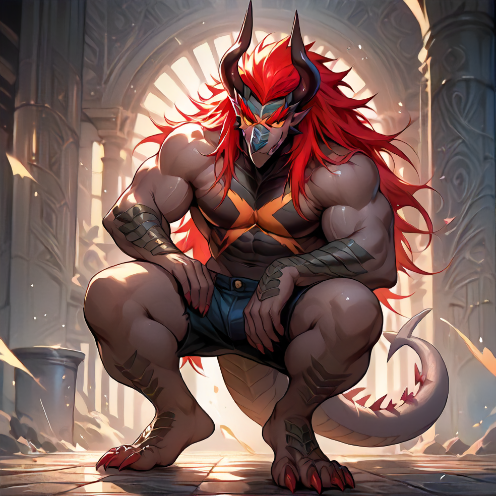 score_9, score_8_up, score_7_up, detailed background, full body, <lora:Batzz:0.9> dragon boy, batzz, bara, colored sclera, horns, long hair, red hair, shorts