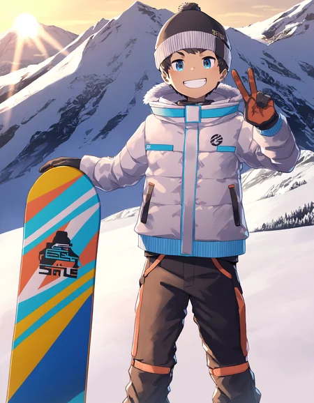 masterpiece, steelwire-style, outdoors, winter, mountain, sunlight, 1boy, solo, blue eyes, grin, beanie, gloves, white jacket, standing, planted snowboard, looking at viewer, peace sign <lora:steelwire_naiXL_v1Nd-ShoAI:1>