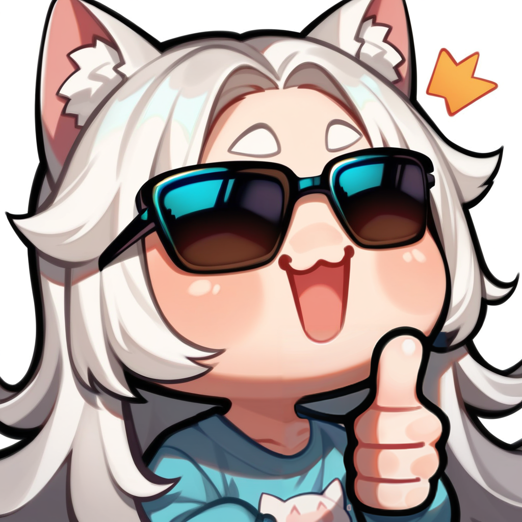 score_9, score_8_up, score_8, Emote , high quality, high res , highly detailed face, white background, chibi  ,  upper body close up
cat girl , 1girl , white fluffy cat ears, white long hair  , wearing sunglasses , both hands doing thumbs up , thumbs up 
 <lora:ponyemotexl:0.7>