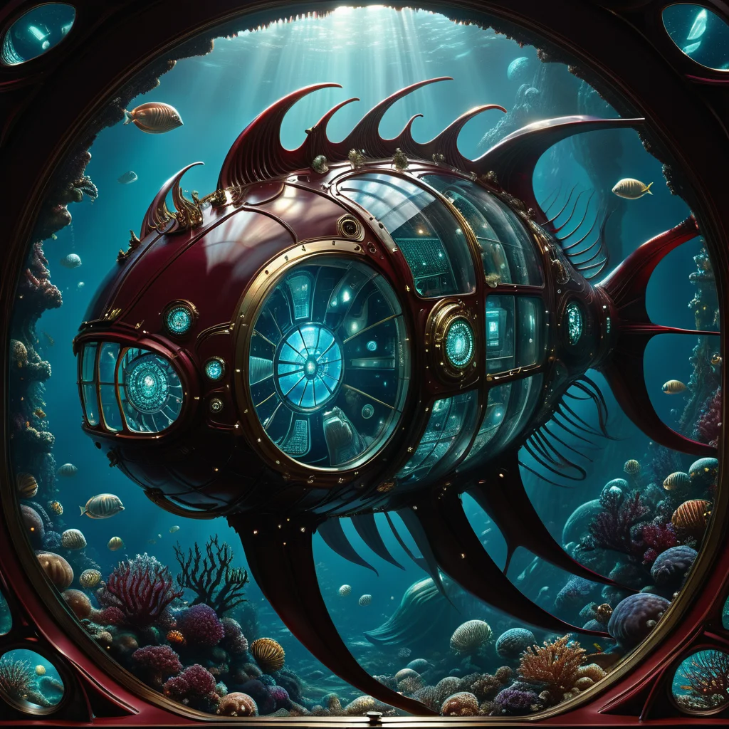 hyper detailed masterpiece, dynamic, awesome quality,DonMT3chW0rldXL medium nautilus (20,000 leagues under the sea), slit windows, brass, pristine, burgundy wine, glossy texture, <lora:DonMT3chW0rldXL-000009:1>