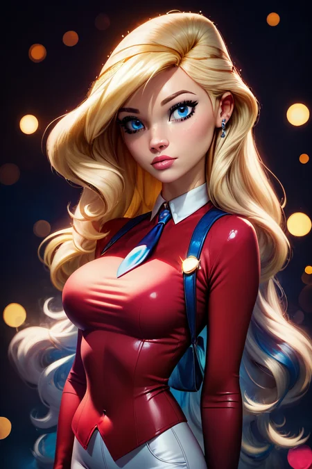 score_9, score_8_up, score_8, medium breasts, (curvy), cute, eyelashes, ,,, , zzSarahWhitney, blue eyes, blonde hair, long hair, red shirt, necktie, white pants, <lora:SarahWhitneyHorseland_PDXL:1.0>, , BREAK, (ultra realistic,32k, masterpiece:1.2),(high detailed skin:1.1),( high quality:1.1), head tilt, lips, closed mouth, shiny clothes, (upper body), looking at viewer, bokeh, luminescent background, ,,, embedding:zPDXL, Expressiveh, ,,, <lora:RlAnmPDXL:1.0>,