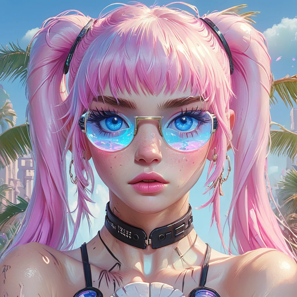 A roman bust wearing VR goggles, set against a background of cascading Windows 95 error messages. Vaporwave-style Japanese text floats around the sculpture.  <lora:add-detail-xl:1.2>, <lora:Vaporwave_SDXL:1> ArsMJStyle, Vaporwave female open eyes albino piercing blue , 1girl, solo, twintails, looking at viewer, pink hair, blue eyes, choker, eyelashes, jewelry, tree, long hair, freckles, bangs, palm tree, earrings, mascara, tattoo, collarbone, lips, gem
