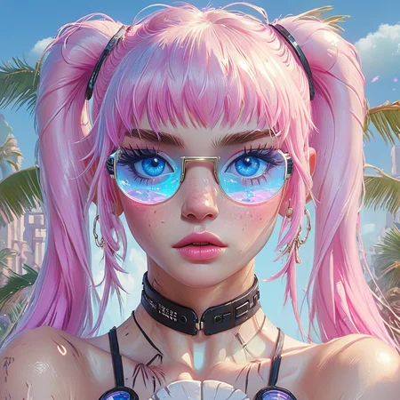 A roman bust wearing VR goggles, set against a background of cascading Windows 95 error messages. Vaporwave-style Japanese text floats around the sculpture. <lora:add-detail-xl:1.2>, <lora:Vaporwave_SDXL:1> ArsMJStyle, Vaporwave female open eyes albino piercing blue , 1girl, solo, twintails, looking at viewer, pink hair, blue eyes, choker, eyelashes, jewelry, tree, long hair, freckles, bangs, palm tree, earrings, mascara, tattoo, collarbone, lips, gem