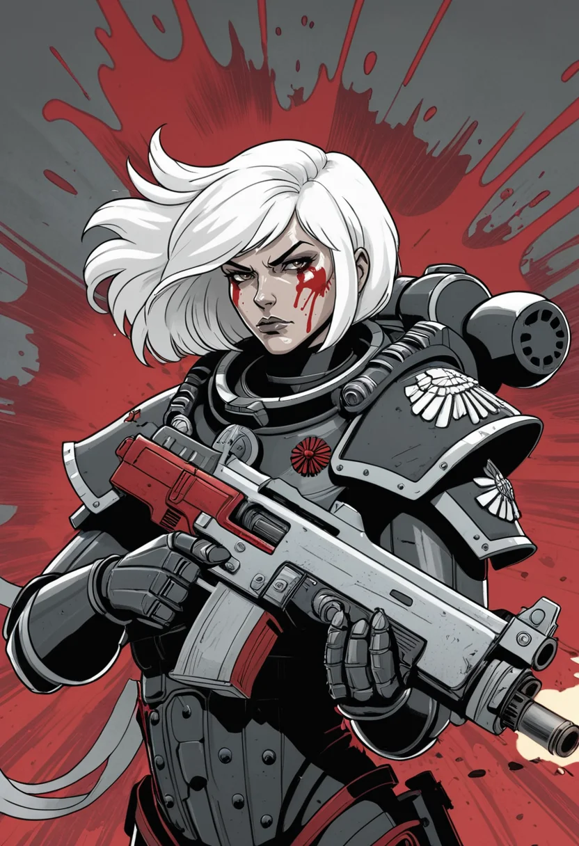 (Digital illustration), sister of battle, white hair, black and red power armor, holding bolter, dynamic composition, comic book \(style\), bold lines, dramatic shading, red splashes, line art, limited color palette, extremely detailed,
<lora:Sisters-of-Battle-subset-000004:1>