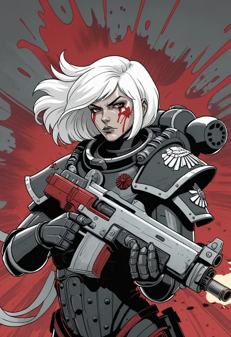 (Digital illustration), sister of battle, white hair, black and red power armor, holding bolter, dynamic composition, comic book \(style\), bold lines, dramatic shading, red splashes, line art, limited color palette, extremely detailed,
<lora:Sisters-of-Battle-subset-000004:1>