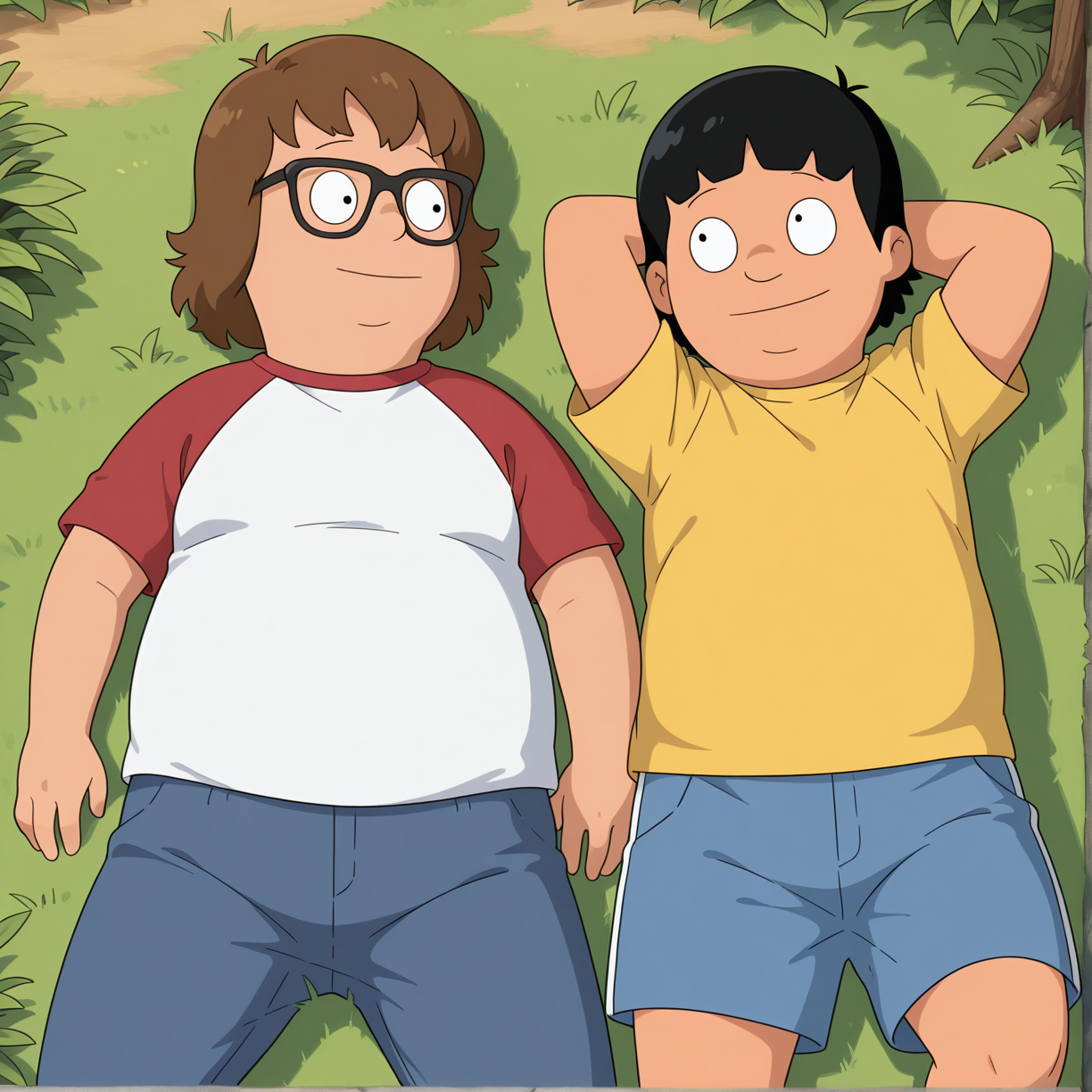 (((high quality, masterpiece, amazing quality, colorful, best quality, detailed background, cinematic ambiance))), forest, grass, outdoors, ((duo, 2boys)), friends, BREAK <lora:alex+gene-v4-07:0.9>  from above
((bb-alex), brown hair, (chubby), aged_down), young, 2boys, male focus,  glasses, white t-shirt, red raglan_sleeves, short sleeves, blue pants, looking up, arm support, straigh-on, lying, 
((bb-gene), black hair, (chubby), aged_down), young, 2boys, no eyeweard, yellow t-shirt, blue shorts, looking right, arm behind head, straight-on, on side,
