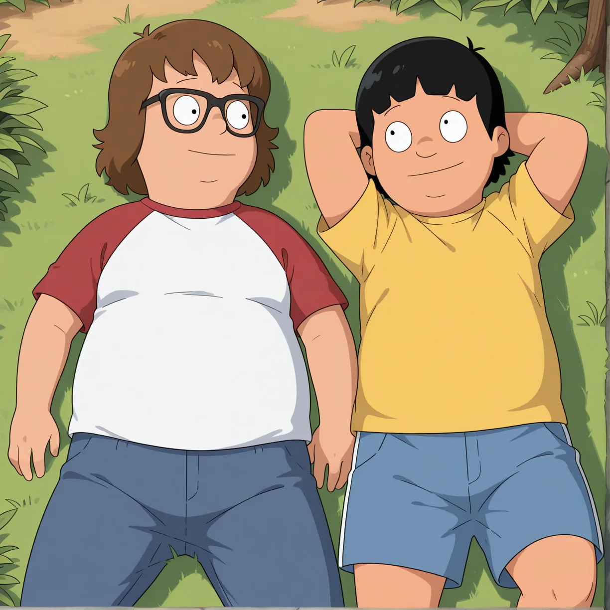 (((high quality, masterpiece, amazing quality, colorful, best quality, detailed background, cinematic ambiance))), forest, grass, outdoors, ((duo, 2boys)), friends, BREAK <lora:alex+gene-v4-07:0.9> from above
((bb-alex), brown hair, (chubby), aged_down), young, 2boys, male focus, glasses, white t-shirt, red raglan_sleeves, short sleeves, blue pants, looking up, arm support, straigh-on, lying,
((bb-gene), black hair, (chubby), aged_down), young, 2boys, no eyeweard, yellow t-shirt, blue shorts, looking right, arm behind head, straight-on, on side,