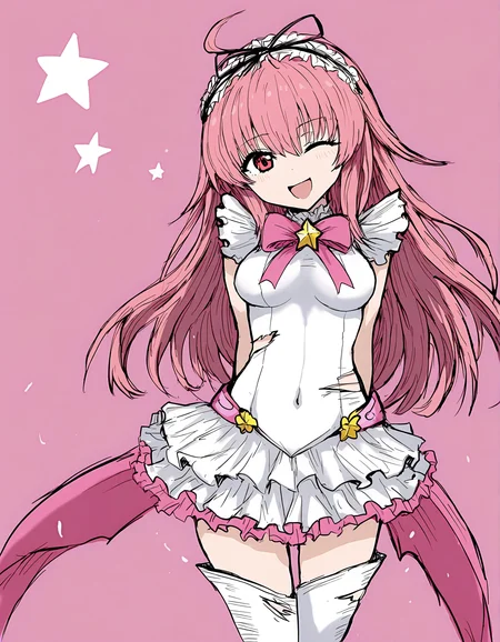 sushi yuusha toro, 1girl, sensitive, long hair, one eye closed, pink hair, thighhighs, red eyes, star (symbol), open mouth, solo, smile, hairband, breasts, skirt, bow, thigh boots, medium breasts, ;d, covered navel, frilled skirt, torn clothes
very awa, masterpiece, best quality, year 2024, newest, highres, absurdres, <lora:black-souls-style-noobai-vpred10-timestep2:1>