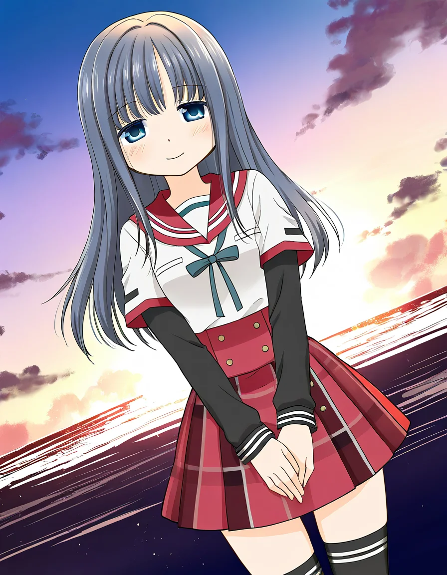 masterpiece, best quality, newest, absurdres, highres, safe, 1girl, nanami yachiyo \(school uniform\), magia record: mahou shoujo madoka magica gaiden, red skirt, thighhighs, solo, smile, outdoors, dutch angle, <lora:nanami_yachiyo_noobaiXLNAIXL_vPred10Version:0.7>