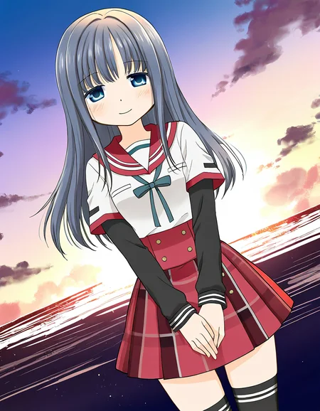 masterpiece, best quality, newest, absurdres, highres, safe, 1girl, nanami yachiyo \(school uniform\), magia record: mahou shoujo madoka magica gaiden, red skirt, thighhighs, solo, smile, outdoors, dutch angle, <lora:nanami_yachiyo_noobaiXLNAIXL_vPred10Version:0.7>