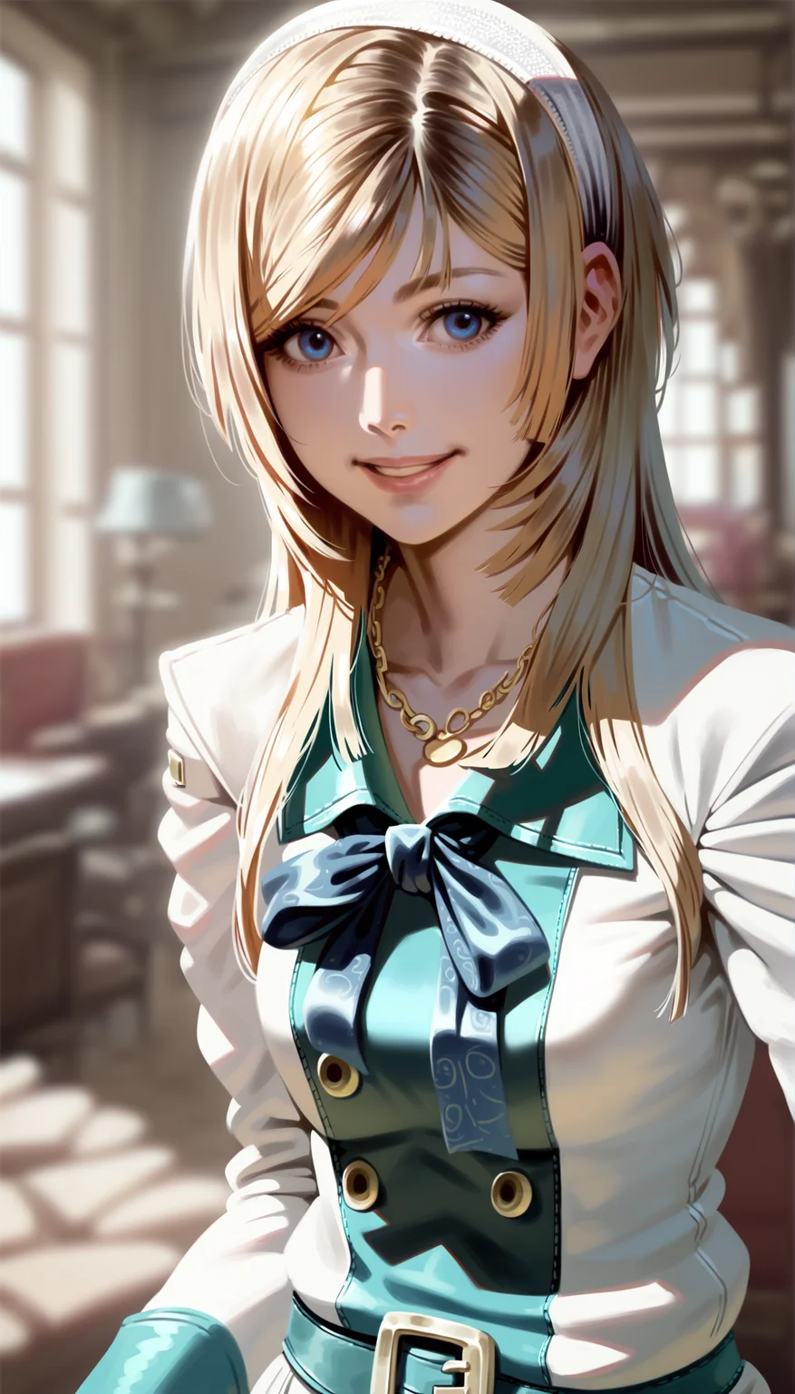 score_9,score_8_up,
realistic,(bloom:1.2),
<lora:leanne:1>,leanne,
1girl,solo,blonde hair,long hair,bangs,white hairband,dark blue neck ribbon,blue eyes,looking at viewer,smile,
white coat with teal accents,victorian-inspired dress,necklace,
portrait,
indoors,blurry background,living room,