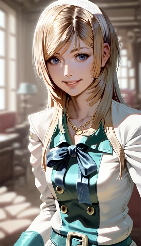 score_9,score_8_up,
realistic,(bloom:1.2),
<lora:leanne:1>,leanne,
1girl,solo,blonde hair,long hair,bangs,white hairband,dark blue neck ribbon,blue eyes,looking at viewer,smile,
white coat with teal accents,victorian-inspired dress,necklace,
portrait,
indoors,blurry background,living room,