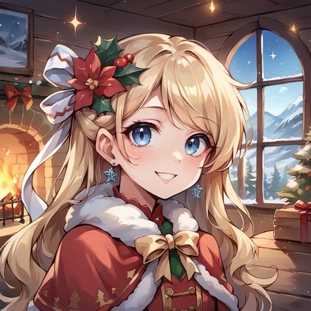 (score_9, score_8_up, score_7_up), source anime, <lora:backgroundsetXL:0.2> , background, indoor, interior, winter, log cabin, fireplace, sparkles, glitter, fairies, mountain, BREAK
<lora:Priscilla:0.6> , prdef, 1girl, blonde hair, blue eyes, long hair, hair ornament, hair ribbon, white hair ribbon, neck ribbon, yellow neck ribbon, hair flower, earrings, capelet, fur-trimmed capelet, smile, ((close-up, face)), christmas (theme), red shirt, dress, perfect hands, arms at sides, looking at viewer, <lora:3th3r34lXLP:0.5> , 3th3r34l,