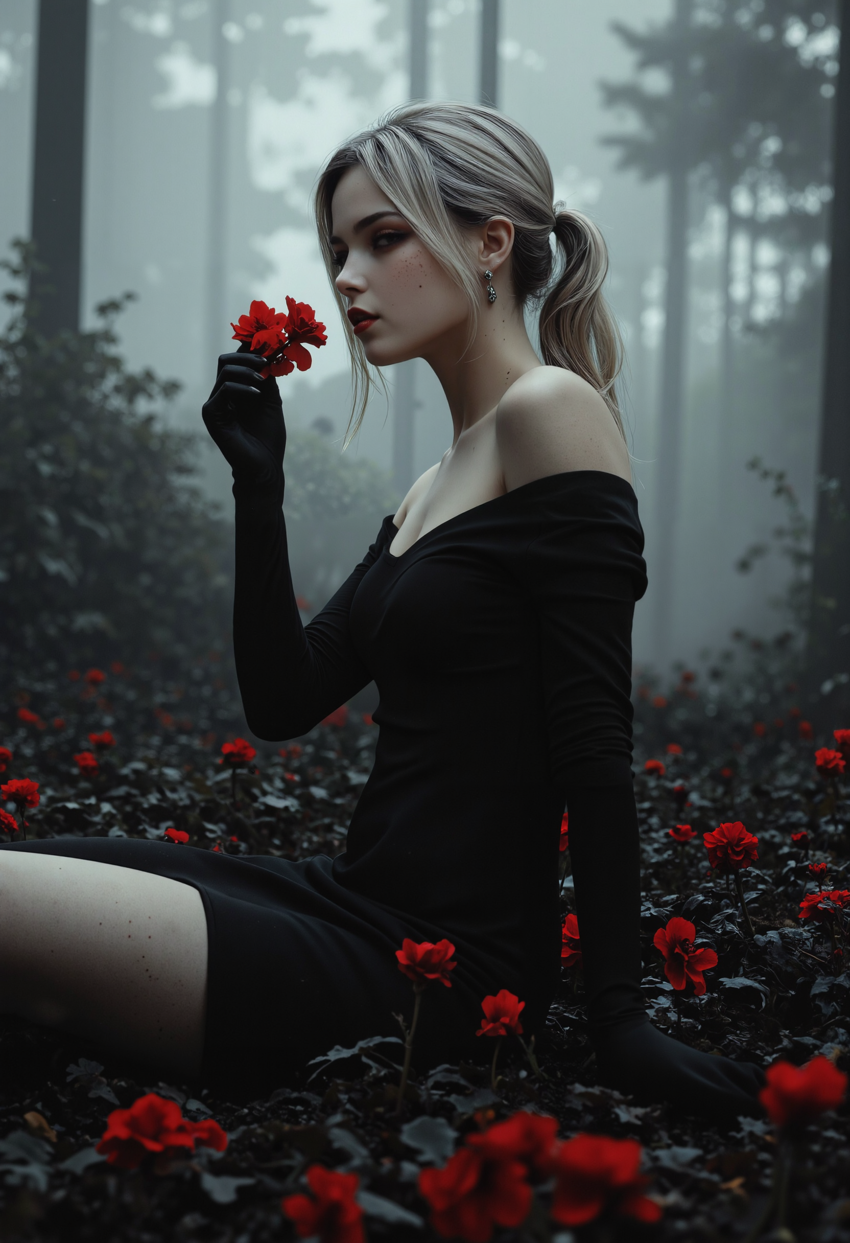 In the style of ff-nn, 1girl, solo, long hair, blonde hair, (((yellow)) eyes), sitting on ground, (freckles), ponytail, ((red lips)), (medium breasts), earrings, (black) off shoulder pencil dress, bare shoulders, strapless, sly smirk, looking at viewer, ((((smelling a red flower towards viewer)))), dynamic pose, dynamic angle, mesdy loose hair, makeup, gorgeous, elite, hand on her hip, cleavage, ((side view)), noir style, noir ambiance, fog, ((((detailed nature background)))), ((pale skin)), (femme fatale, detective, dimly lit),  <lora:Neo_Noir:0.54> <lora:Dark_Gray_Photography_flux:0.29> <lora:anime_inspired_art_luci:0.43> <lora:Hand v2:0.85> <lora:Lomographic-000007:0.36>