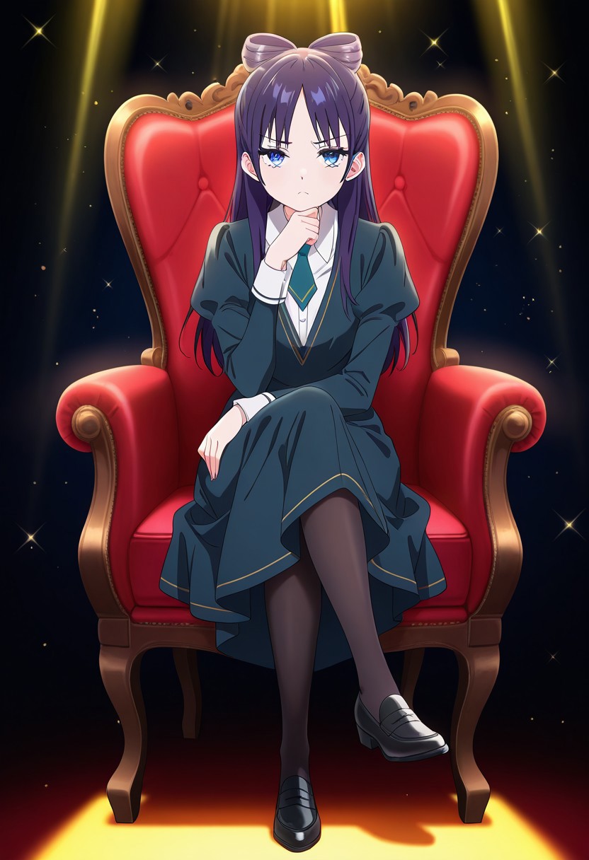 straight-on, (absurdres, best quality, masterpiece:1.4), amazing quality, highres, newest, detailed, detailed body, detailed face, source anime, anime coloring, beautiful, dark background, petite, on fancy red chair, sitting, yellow light ray, crossed legs, hand to own chin, downturned eyes, looking ahead, sparkles,
BREAK
WWNemu, 1girl, solo, frown, NemuAniHu, dark purple hair, bow-shaped hair, parted bangs, half updo, blue eyes, v-neck dress, white inner collared shirt, Short necktie, juliet sleeves, long skirt, black pantyhose, black shoes, hand on chair