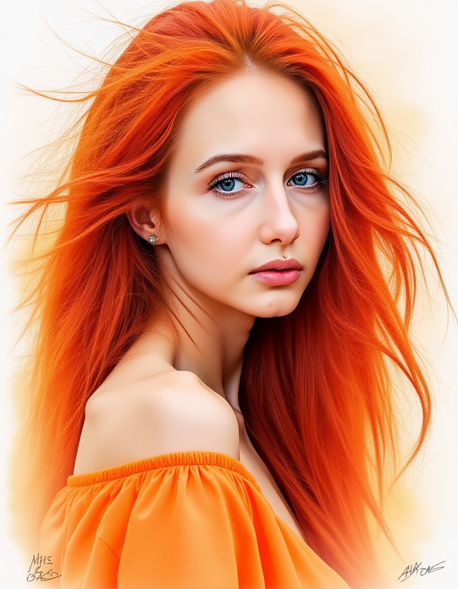 A mesmerizing watercolor painting of a captivating and sensual woman with long, flowing, fiery red hair that cascades down her back, the entire figure of the woman is visible, and she looks directly and alluring, with her bare arms adorned in translucent, fiery orange fabric. Her piercing gaze, full of passion and intensity, captures the viewerâs attention. The makeup is flawlessly executed, accentuating her features and enhancing her natural allure. The colors are rich and saturated. A watercolor masterpiece in the style of Greg Rutovsky, Nicoletta Dececcoli and Brian M Viveros, depicting an intricately detailed woman. striking colors, vibrant atmosphere, abstract artistic background, fluid, dreamlike, perfect composition, photo, illustration, poster.
 <lora:sizana-000010:1>