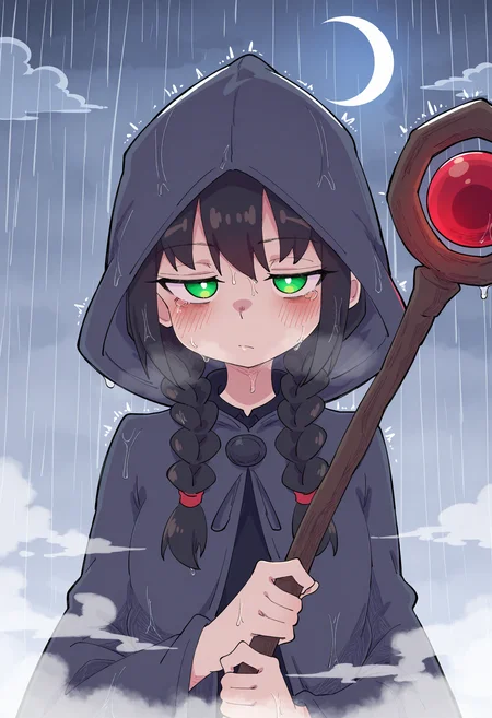 masterpiece, best quality, amazing quality, very aesthetic, high resolution, very awa,
1girl, face focus, twin braids, jitome, cloud, crescent moon, fog, holding mage staff, rain, hood up, cloak, [(realistic:0.5)::0.2],
, <lora:NOOB_EPSv1_1_detailer_by_vlnvk_v1_0:1>
, <lora:spo_sdxl_10ep_4k-data_lora_webui:.5>
,   <lora:buzzlyears.pony:1> buzzlyears,