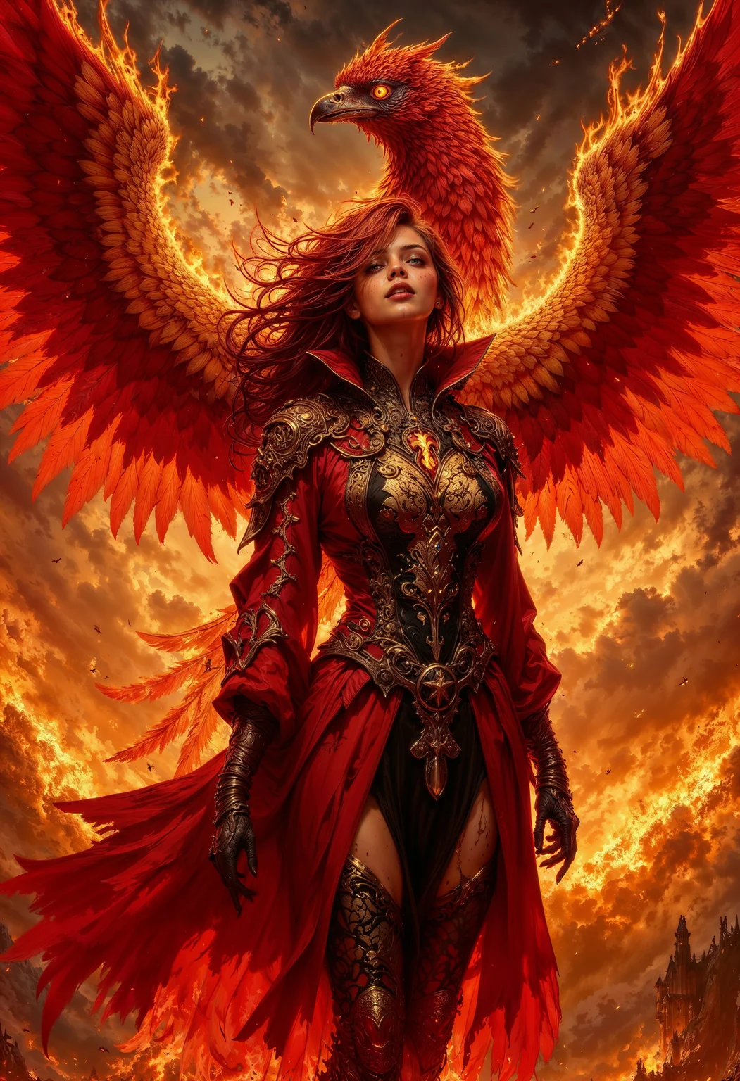 bo-an1me, dark fantasy illustration, high detail fantasy anime, Clad in robes of flickering flame and adorned with golden runes, the Emberheart Sorceress is a walking inferno of power and passion. Her fiery red hair crackles like a living blaze, and her molten gold eyes burn with the intensity of an eternal fire. At her side soars a magnificent phoenix, its feathers ablaze with hues of crimson, orange, and gold. With each beat of its wings, embers rain down, igniting the air with sparks of magic. Together, they embody rebirth and destruction, their presence heralding either salvation or ruin, depending on the hearts of those who stand before them.