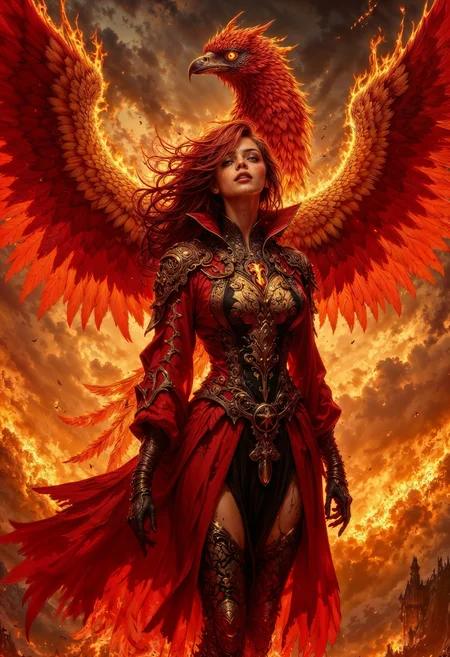 bo-an1me, dark fantasy illustration, high detail fantasy anime, Clad in robes of flickering flame and adorned with golden runes, the Emberheart Sorceress is a walking inferno of power and passion. Her fiery red hair crackles like a living blaze, and her molten gold eyes burn with the intensity of an eternal fire. At her side soars a magnificent phoenix, its feathers ablaze with hues of crimson, orange, and gold. With each beat of its wings, embers rain down, igniting the air with sparks of magic. Together, they embody rebirth and destruction, their presence heralding either salvation or ruin, depending on the hearts of those who stand before them.