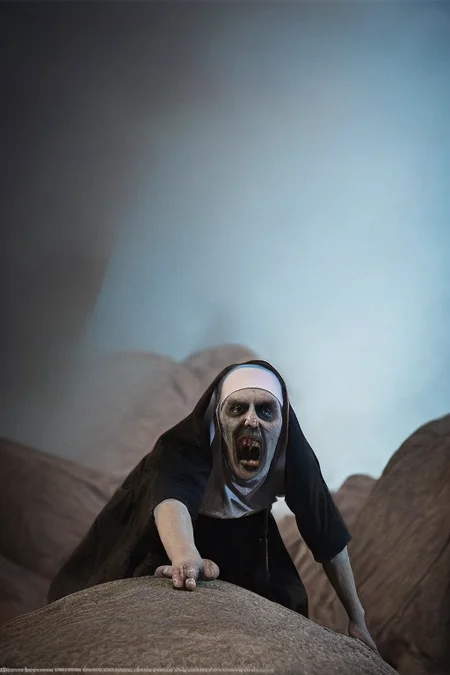 (scarynun:1.2) rock climbing, <lora:theNun_v10:1>, (ultra-wide angle photo, studio lighting, hard light, Fujifilm X100V, hyperrealistic, big depth of field, colors, hyperdetailed)