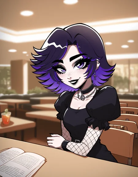 (masterpiece), (best quality), (ultra-detailed), score_9,score_8_up,score_7_up,score_6_up, source_cartoon, afs_ksusha, 1girl, , black eyeshadow, black eyebrows, black lipstick, black freckles around nose, cross earrings, purple eyes, short spiky hair, bangs, dark purple hair, purple gradient hair color, multicolored hair, short sleeves, puffy sleeves, choker with pentagram necklace, casual dress, black nails, fishnets, happy, smiling, pov, crowded restaurant scenery, illustration, disheveled hair, detailed eyes, perfect composition, moist skin, intricate details, earrings, by wlop, score_9,score_8_up,score_7_up,score_6_up, source_cartoon, afs_ksusha, 1girl,, black eyeshadow, black eyebrows, black lipstick, black freckles around nose, cross earrings, purple eyes, short spiky hair, bangs, dark purple hair, purple gradient hair color, multicolored hair, short sleeves, puffy sleeves, choker with pentagram necklace, casual dress, black nails, fishnets, happy, smiling, pov, crowded restaurant scenery, cinematic, highly detailed, strong crisp quality, very coherent, intricate, extremely elegant, dynamic light, ambient background, professional, composition, magical atmosphere, beautiful
