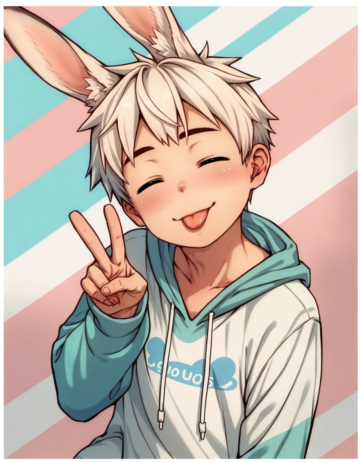 score_9, score_8_up, score_7_up, score_6_up, source_anime, pink striped background, white border, shapes, 1boy, solo, rabbit boy, young, hoodie, rabbit ears, hood down, leaning forward, head tilt, tongue out, closed eyes, silly face, peace sign <lora:modokie-amxl-v1-ShoAI:1>