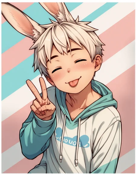 score_9, score_8_up, score_7_up, score_6_up, source_anime, pink striped background, white border, shapes, 1boy, solo, rabbit boy, young, hoodie, rabbit ears, hood down, leaning forward, head tilt, tongue out, closed eyes, silly face, peace sign <lora:modokie-amxl-v1-ShoAI:1>
