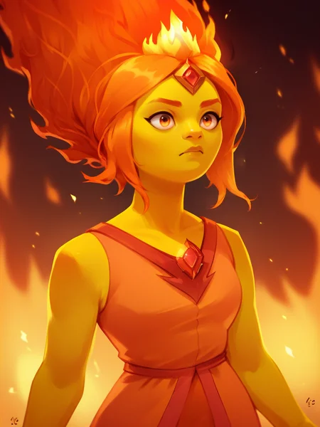 score_9, score_8_up, score_7_up, score_6_up, score_5_up, <lora:fl4m3PXLP:1> fl4m3p, 1girl, solo, fiery hair, forehead jewel, fire, yellow skin, orange hair
