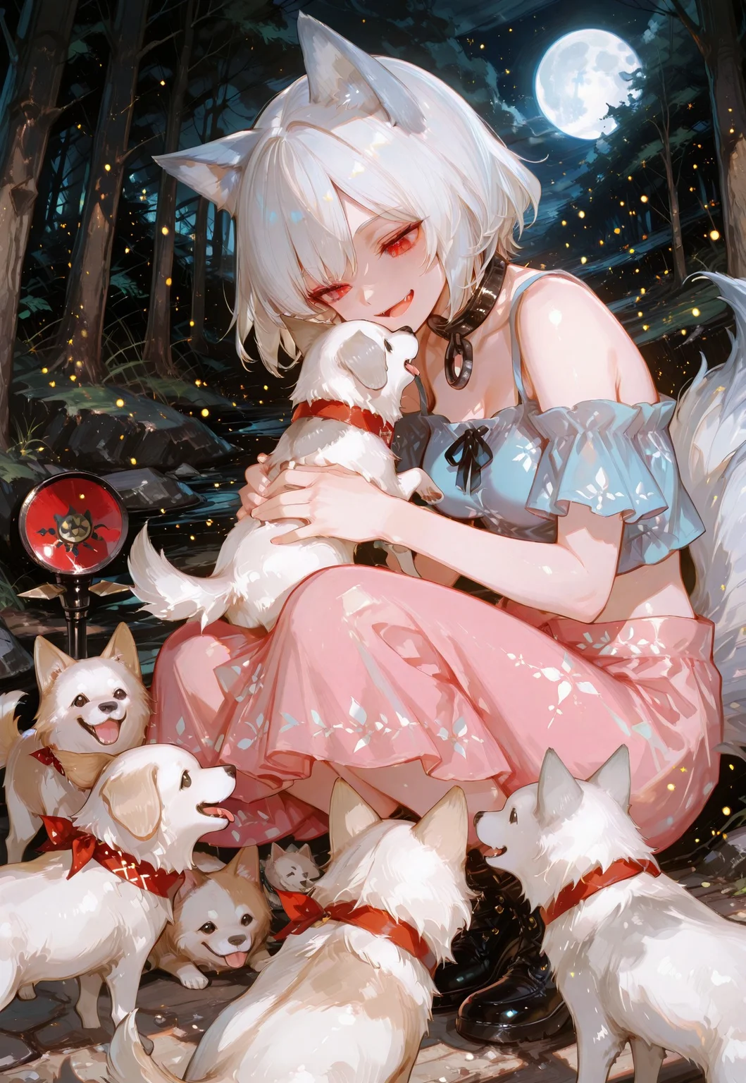 safe_pos, masterpiece, best quality, amazing quality, very aesthetic, absurdres, newest, highres, 4k,8k,Ultra HD, extremely detailed,
1girl, mitsugashira enoko(touhou), Enoko Mitsugashira(touhou),
fang, instrument, smile, open_mouth, multiple_tails, blue shirt, pink_skirt, bare_shoulders, wolf_tail, :d, midriff,
white hair, dog ears,
medium_breasts,
girl_with_cats, dogs, animal, holding animal,<lora:girl_with_cats:0.6>,multiple dogs, dogs jump,girl surrounded by many dogs, holding, (holding 3 white dogs:1.2),
forest, squatting,
night, moon, soft lighting,
close up, very close-up shot,
spotlight, light particles,
748cmstyle, usnr, luminescent color