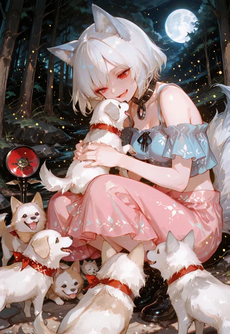 safe_pos, masterpiece, best quality, amazing quality, very aesthetic, absurdres, newest, highres, 4k,8k,Ultra HD, extremely detailed,
1girl, mitsugashira enoko(touhou), Enoko Mitsugashira(touhou), 
fang, instrument, smile, open_mouth, multiple_tails, blue shirt, pink_skirt, bare_shoulders, wolf_tail, :d, midriff, 
white hair, dog ears,
medium_breasts,
girl_with_cats, dogs,  animal,  holding animal,<lora:girl_with_cats:0.6>,multiple dogs, dogs jump,girl surrounded by many dogs, holding, (holding 3 white dogs:1.2),
forest, squatting,
night, moon, soft lighting, 
close up, very close-up shot,
spotlight, light particles,
748cmstyle, usnr, luminescent color