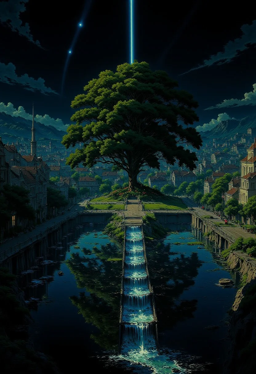 AnimeSky style, anime style, high lighting, Minimalist style city, with an octagon shape and canals that connect in the center of the city, the central focus is a large tree that emanates a faint blue light from its leaves and is surrounded by water, which connects to the canals and connects with eight bridges between the canals to the city, it will have some large squares and houses, the sky would be at night where you can see a large galaxy accompanied by some planets.
high quality, best quality, masterpiece, high definition, high resolution