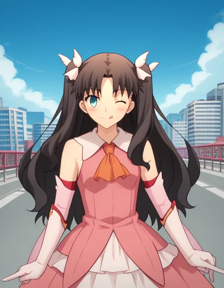 score_9, score_8_up, score_7_up, source_anime, rintohsaka, <lora:rin-tohsaka-ubw-ponyxl-lora-nochekaiser:1>, rin tohsaka, aqua eyes, black hair, hair ribbon, long hair, ribbon, sidelocks, two side up, parted bangs,, <lora:prisma-illya-cosplay-ponyxl-lora-nochekaiser:1>, prismaillyacosplay, prisma illya \(cosplay\), dress, elbow gloves, feather hair ornament, feathers, frilled dress, frills, gloves, hair ornament, layered gloves, magical girl, orange ascot, pink dress, pink feathers, pink gloves, pink sleeves, white gloves,, cityscape, street, smile, blush, v, v over eye, one eye closed, tongue out,, cowboy shot, dutch angle, solo,