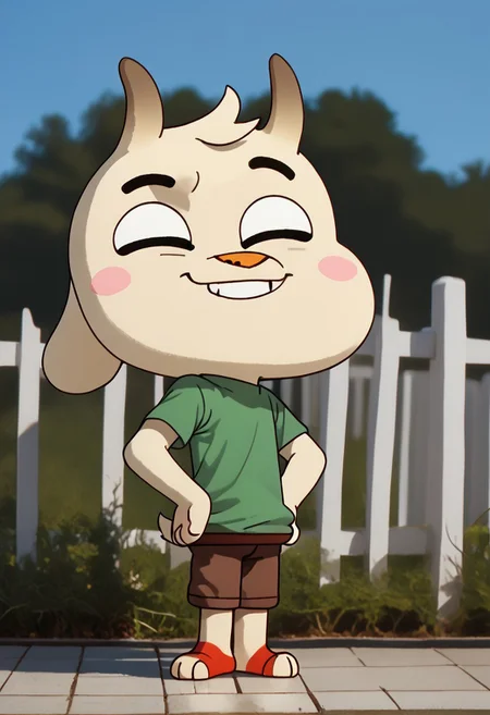 score_9, score_8_up, score_7_up,1boy, solo, cute boy, 1boy, solo, Chichi, goat, pale cream-colored goat, two horns, dark brown horns, fluffy tail, tuft of hair , pink cheeks, orange nose, Barefoot, hands on hips, smug smile, PONYXL_AlexRoss_ComicArt_ownwaifu