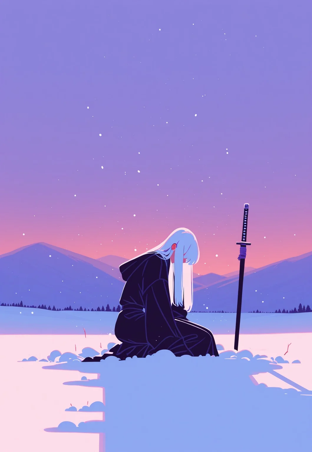 score_9, score_8_up, score_7_up, masterpiece, best quality, very aesthetic, incoth, (incase:0.6), (dynamic:1), 1girl, covered in snow, ontop of hill, ice, snow, kneeling, slumped shoulders, looking down, long hair, hair covering face, white hair, robes, serene, wide shot, katana stuck in ground, sideview, Flatline, Flat vector illustration, twilight, against horizon,