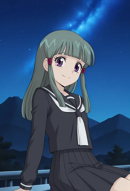 masterpiece,best quality,amazing quality,
1girl, solo,
Mai Tobita (Cardfight Vanguard), green hair, long hair, blunt bangs, purple eyes, school uniform, black serafuku, skirt,
looking at viewer, smile,
cinematic,
Sit, leaning back, with two arms, ,
bloom, night, at mountain, galaxy sky,
Official style, anime screencap, anime coloring,