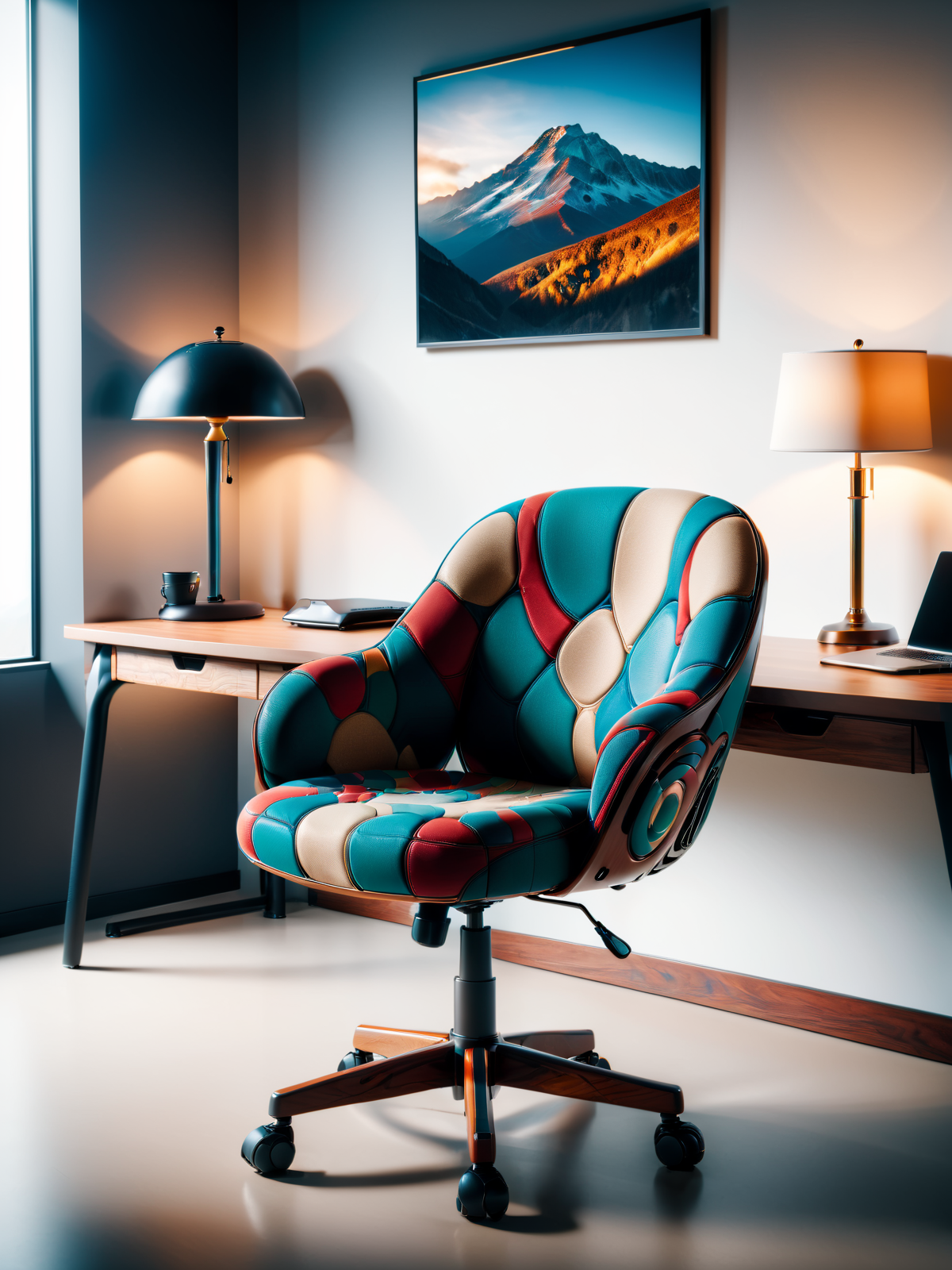 colorful mad-clfcrcle office chair and wooden desk in an expensive office, photograph of a mountain on the wall, cinematic shot, cinematic shot, great lighting <lora:Colorful_Circles_SDXL_v2:1>, raw photo, film grain, Fujifilm XT3, (photorealistic, realistic:1.2), deep shadow,  8k, uhd, dslr, ultra high res