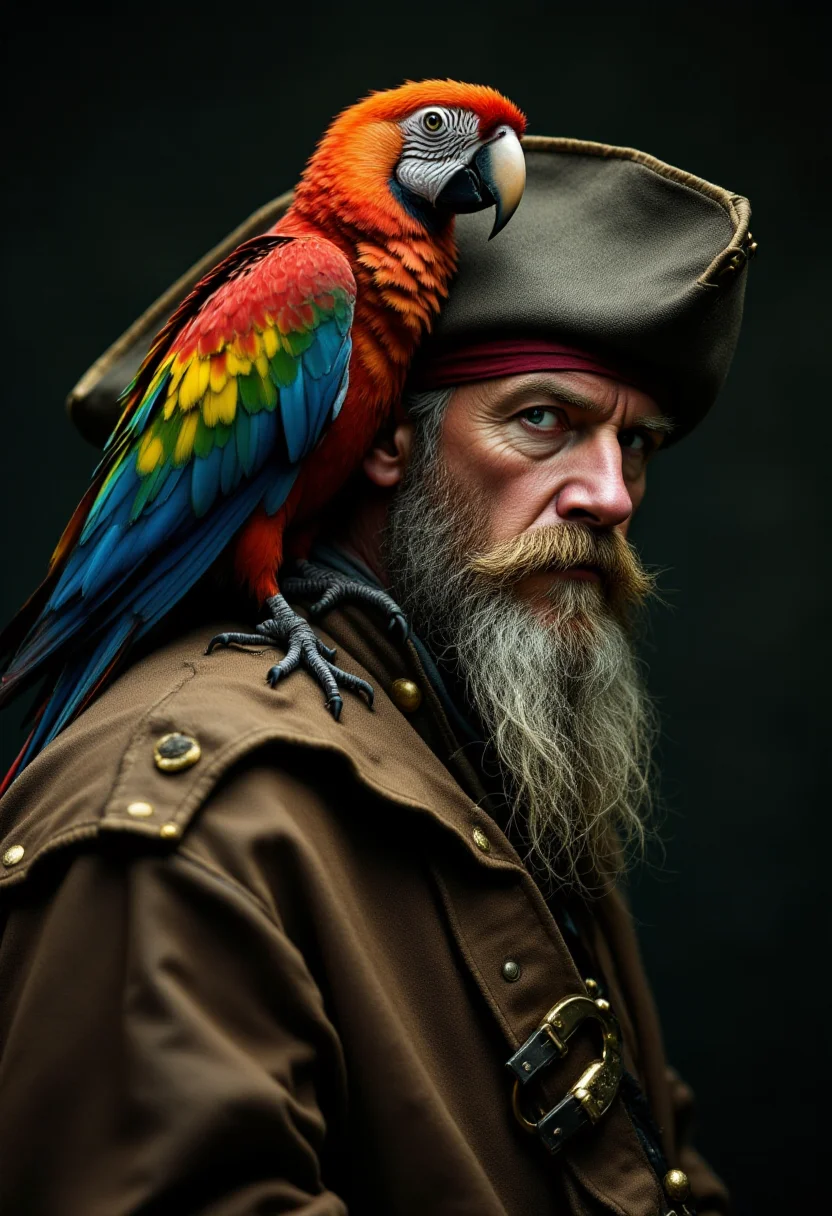 <lora:PCB_Image_Enhancer_for_FLUX:0> <lora:KFT_HLA_V3_FLUX-000019:1>
Realistic photo of a colorful parrot sitting on the shoulder of a ragged, long-bearded pirate.