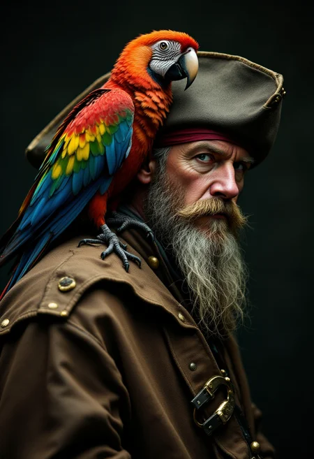 <lora:PCB_Image_Enhancer_for_FLUX:0> <lora:KFT_HLA_V3_FLUX-000019:1>
Realistic photo of a colorful parrot sitting on the shoulder of a ragged, long-bearded pirate.