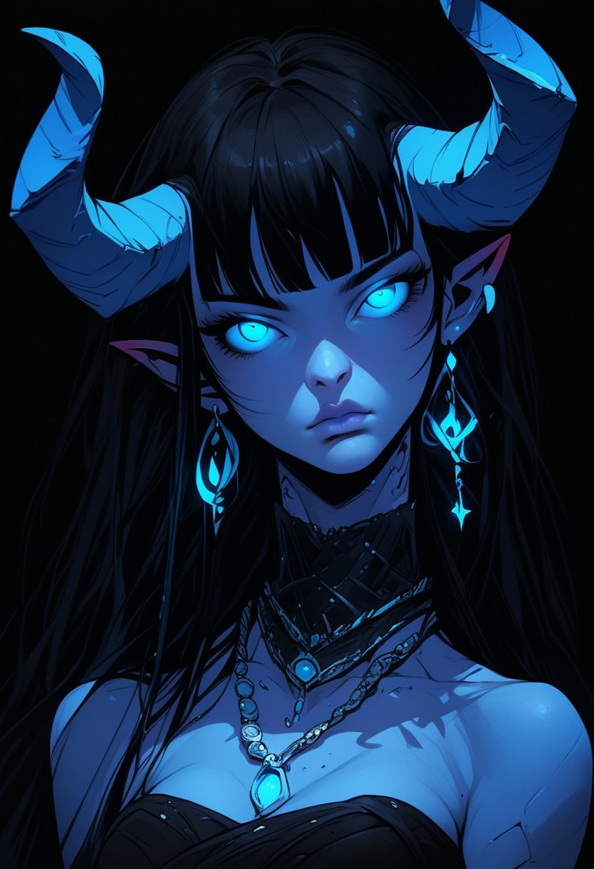 score_9, score_8_up, score_7_up,  
c0l0r1f1c4t10nblu3,ColorificationBlue,Colorification Blue, 1girl, solo, long hair, breasts, looking at viewer, bangs, blue eyes, simple background, black hair, bare shoulders, jewelry, closed mouth, upper body, earrings, horns, pointy ears, artist name, blunt bangs, necklace, lips, glowing, colored skin, black background, glowing eyes, blue skin, blue horns