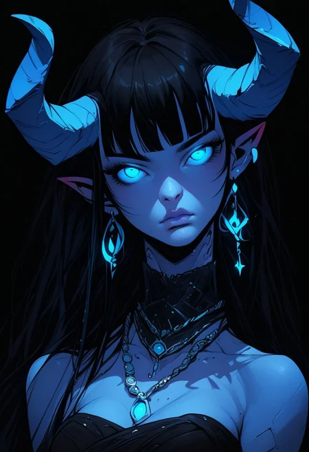 score_9, score_8_up, score_7_up,
c0l0r1f1c4t10nblu3,ColorificationBlue,Colorification Blue, 1girl, solo, long hair, breasts, looking at viewer, bangs, blue eyes, simple background, black hair, bare shoulders, jewelry, closed mouth, upper body, earrings, horns, pointy ears, artist name, blunt bangs, necklace, lips, glowing, colored skin, black background, glowing eyes, blue skin, blue horns