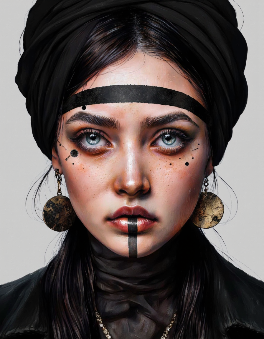 By Laura H. Rubin. A digital illustration shoot from a portrait camera angle about a close-up portrait of a woman with dark, mysterious features, wearing a black turban and adorned with various accessories, including earrings and a necklace. the image also shows a dark and moody aesthetic with a focus on texture and detail, focusing on the woman's face and upper body. on the middle of the image, a young woman appears to be facing the viewer, looking directly at the viewer with a serious expression. she has long black hair and a black headscarf, adorned with a black ribbon across her forehead and a pair of earrings hanging from it. her eyes are large and expressive, with dark eyeliner and mascara, and her lips are parted slightly, revealing dark lipstick. her skin is pale with a few freckles, and she has a nose piercing. she is wearing a dark outfit with a high collar, and the background is a plain, light grey color. <lora:Laura_H._Rubin_II:0.8>