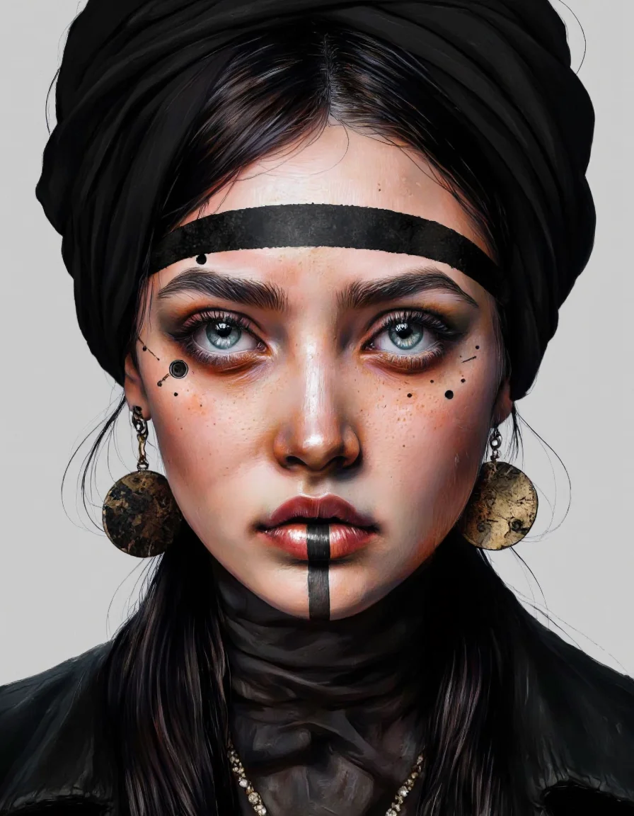 By Laura H. Rubin. A digital illustration shoot from a portrait camera angle about a close-up portrait of a woman with dark, mysterious features, wearing a black turban and adorned with various accessories, including earrings and a necklace. the image also shows a dark and moody aesthetic with a focus on texture and detail, focusing on the woman's face and upper body. on the middle of the image, a young woman appears to be facing the viewer, looking directly at the viewer with a serious expression. she has long black hair and a black headscarf, adorned with a black ribbon across her forehead and a pair of earrings hanging from it. her eyes are large and expressive, with dark eyeliner and mascara, and her lips are parted slightly, revealing dark lipstick. her skin is pale with a few freckles, and she has a nose piercing. she is wearing a dark outfit with a high collar, and the background is a plain, light grey color. <lora:Laura_H._Rubin_II:0.8>